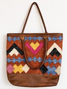Vintage Anabaglish Southwestern Kilim Leather Tote Bag Boho Sundance Market